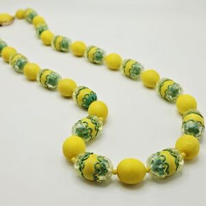 VINTAGE Yellow and Green Plastic Beaded Strand Necklace Box Clasp Hong Kong